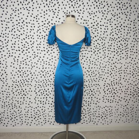 Alexis Blue Cadiz Silk Blend Puff Sleeve Satin Cocktail Midi Dress - Picture 9 of 12